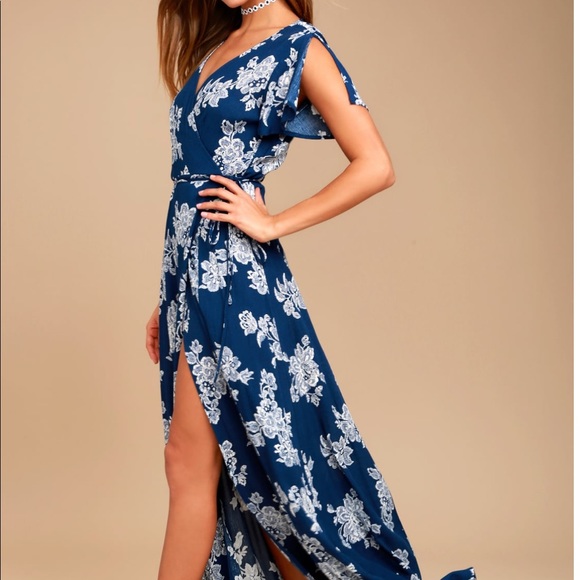 Lulu’s Marigold Navy Print Wrap Dress - Picture 5 of 5